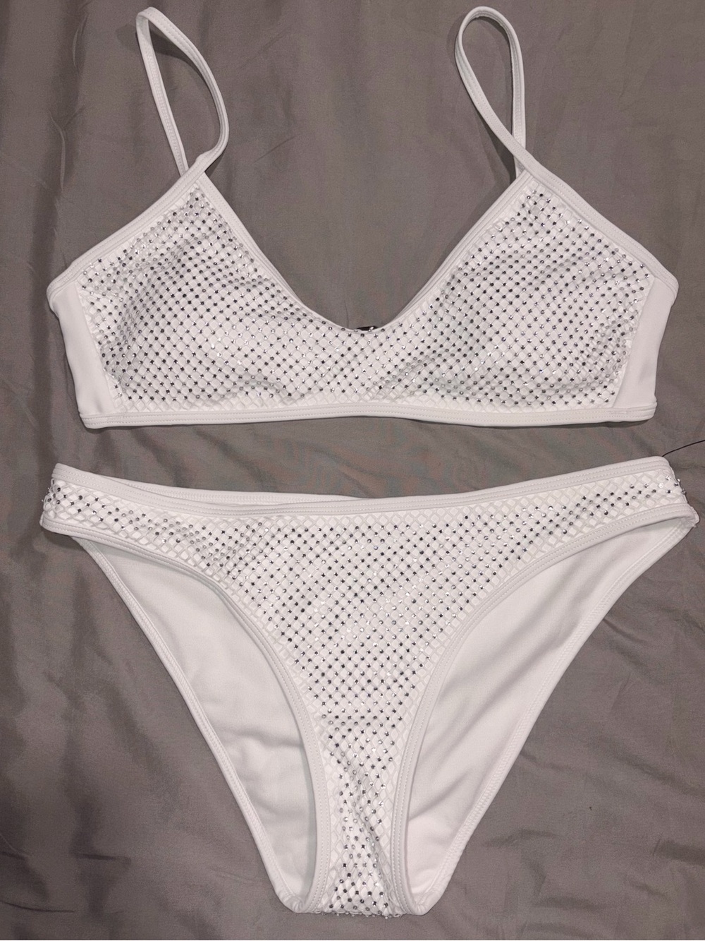 Women’s White Rhinestone Bikini Set - Bralette Top & Classic Bottom